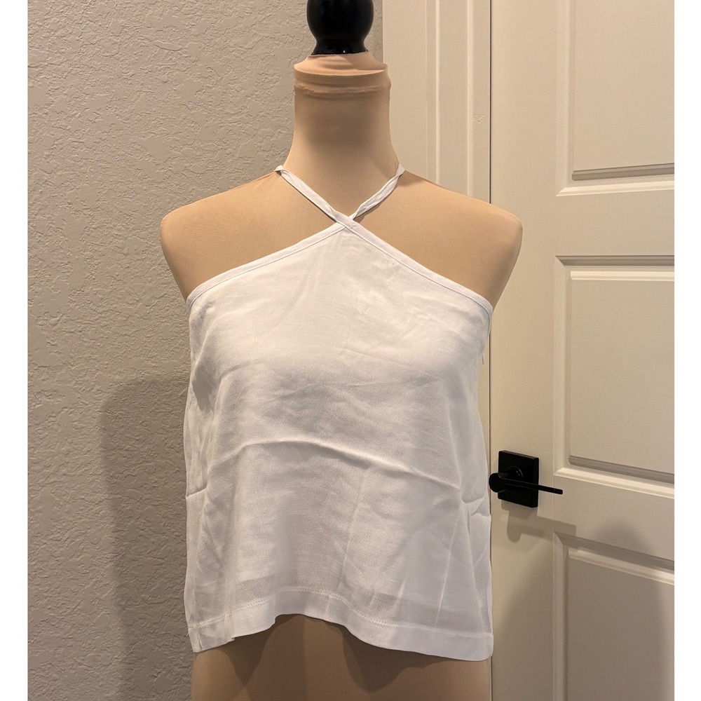 Olivaceous Halter Top Women Large White Criss Cross Back Tie Rayon